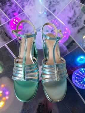 Kenneth Cole Metallic Teal Strappy T‑Bar Sandals (Celia)